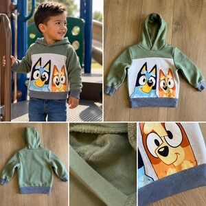 Bluey Bingo Boys Hoodie Olive Green Hooray Pullover Sweatshirt Size 3T